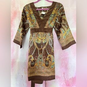 Brown paisley satin kimono baby doll dress or blouse